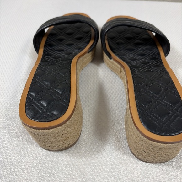 TORY BURCH Quilted Fleming Woven Wedge Espadrille Sandal Size 6.5M Black Leather - Picture 3 of 9